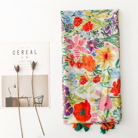 Floral Leopard Print Voile Scarf Shawl Polyester Lightweight Tassel Sun Protection Wrap Travel Beach Accessory For Women
