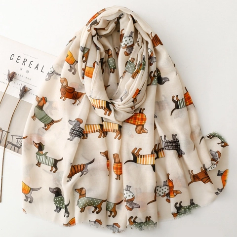 Dachshund Dog Print Scarf Cartoon Pattern Polyester Shawl With Fringed Edges Cute Sweet Lightweight Sun Protection For Women