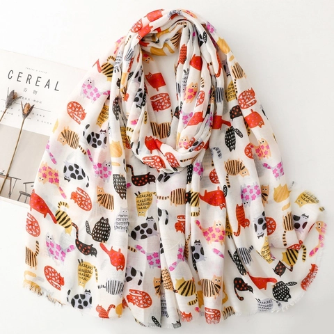 Women Cute Cartoon Cat Print Scarf Soft Long Satin Polyester Shawl Sun Protection Lightweight Wrap For Travel Fashion Accessory