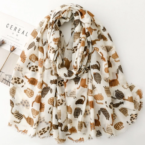 Women Cute Cartoon Cat Print Scarf Soft Long Satin Polyester Shawl Sun Protection Lightweight Wrap For Travel Fashion Accessory