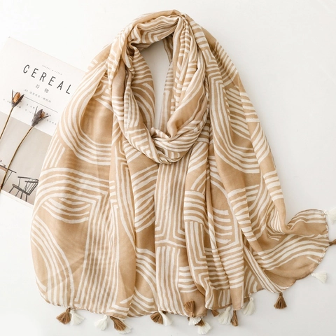 Écharpe Géométrique Minimaliste Long Châle À Glands Pour Femmes Polyester Sensation Coton Lin Élégant Doux