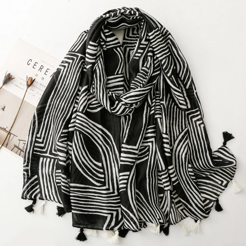 Écharpe Géométrique Minimaliste Long Châle À Glands Pour Femmes Polyester Sensation Coton Lin Élégant Doux