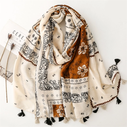 Sciarpa Scialle Motivo Paisley Poliestere Morbido Effetto Cotone Lino Nappa Frangia Boho Viaggio Scialli Caldi Per Donna