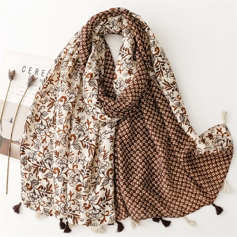 Vintage Floral Print Satin Scarf For Women Large Shawl Wrap With Tassel Lightweight Winter Warm Scarf Travel Sunshade Pashmina
