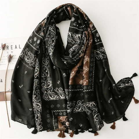Sciarpa Scialle Motivo Paisley Poliestere Morbido Effetto Cotone Lino Nappa Frangia Boho Viaggio Scialli Caldi Per Donna