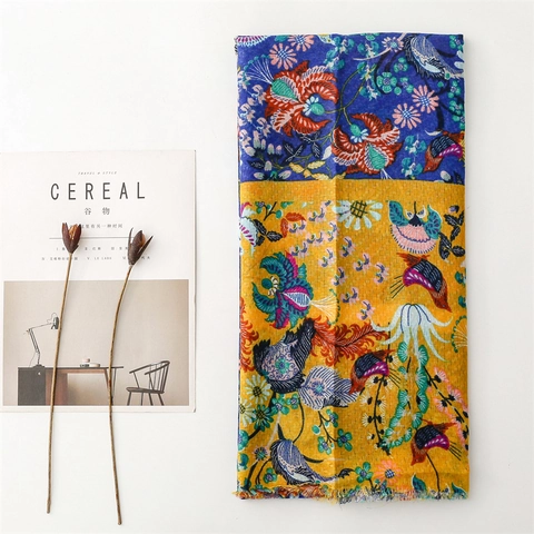 Vintage National Style Floral Printed Scarf For Women Polyester Large Shawl Bohemian Grid Flower Warm Sunshade Wrap