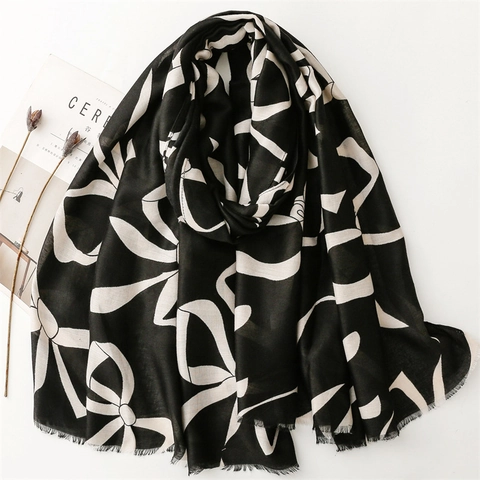 Sciarpa Elegante Da Donna Scialle Poliestere Effetto Cotone Lino Stampa Fiocco Astratto Frange Protezione Solare