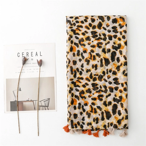 Leopard Muster Schal Polyester Voile Stola Mit Quasten Sonnenschutz Leichter Wickelschal Für Damen