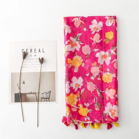 Dames Sjaal Met Bloemenprint Polyester Voile Katoengevoel Kwastjes Zonbescherming Reis Vakantie Boheems Viooltjespatroon