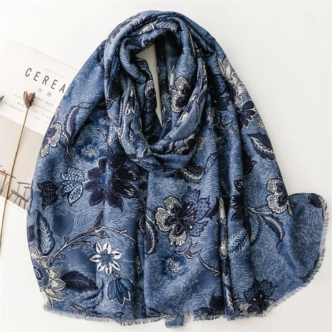 Sciarpa Scialle Con Stampa Floreale Vintage Motivo Peonia Bordi Sfilacciati Effetto Cotone Lino Poliestere Elegante Donna