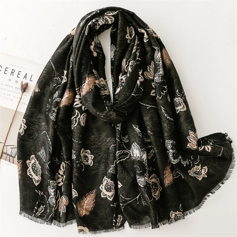 Sciarpa Scialle Con Stampa Floreale Vintage Motivo Peonia Bordi Sfilacciati Effetto Cotone Lino Poliestere Elegante Donna