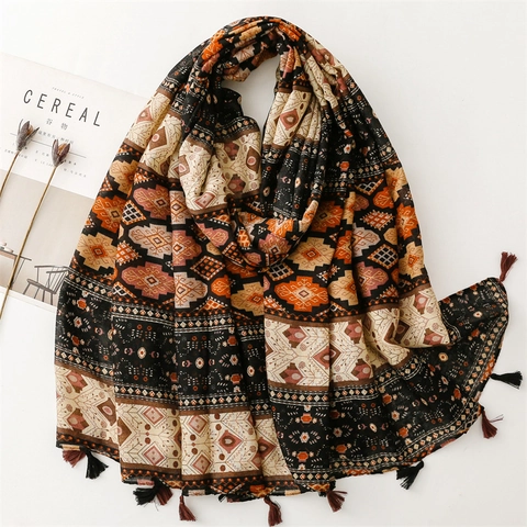 Boheemse Geometrische Print Sjaal Voor Dames Zacht Etnisch Tribal Met Kwastjes Zonbescherming Retro