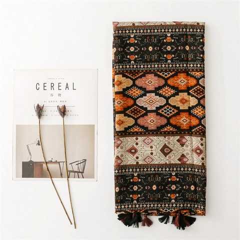 Boheemse Geometrische Print Sjaal Voor Dames Zacht Etnisch Tribal Met Kwastjes Zonbescherming Retro