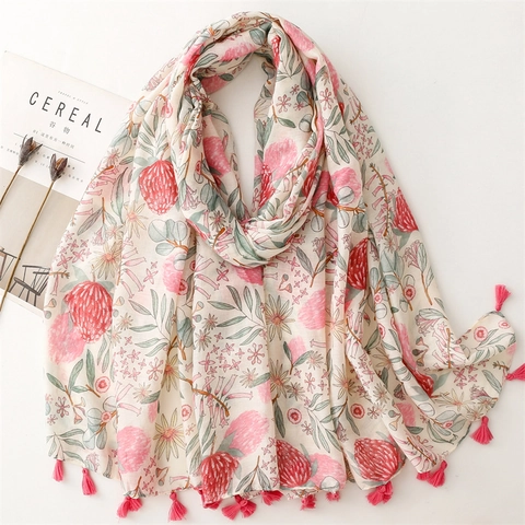 Écharpe Longue Imprimé Floral Pour Femmes Châle À Motif Botanique Léger Avec Glands Roses Sensation Coton Lin Polyester