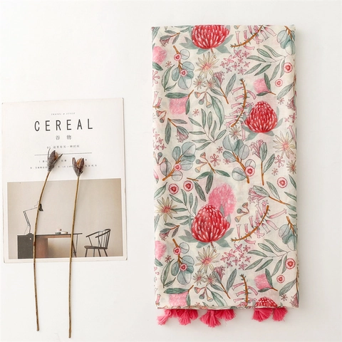Écharpe Longue Imprimé Floral Pour Femmes Châle À Motif Botanique Léger Avec Glands Roses Sensation Coton Lin Polyester