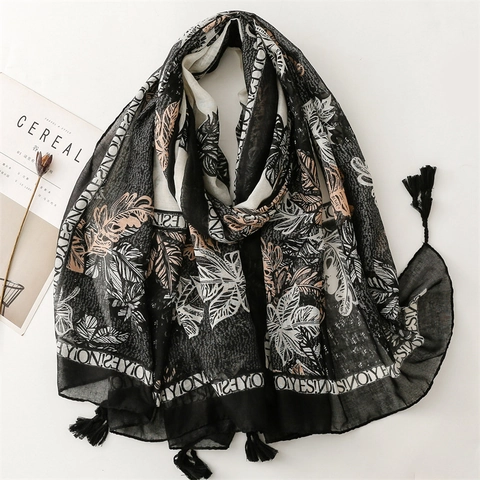 Women Scarf Shawl Polyester Voile Leaf Print Letter Patterns Tassels Sunscreen Beach Resort Accessories