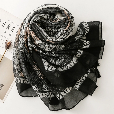 Women Scarf Shawl Polyester Voile Leaf Print Letter Patterns Tassels Sunscreen Beach Resort Accessories