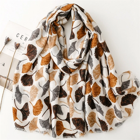 Ginkgo Leaf Print Scarf Shawl Long Polyester Cotton Linen Feel Soft Warm Botanical Fringe Wrap For Women