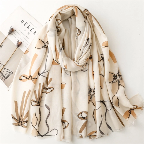 Sciarpa Scialle Donna Elegante Stampa Fiocco Pizzo Cotone Poliestere Misto Frange Morbido Elegante