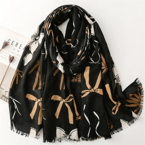 Sciarpa Scialle Donna Elegante Stampa Fiocco Pizzo Cotone Poliestere Misto Frange Morbido Elegante