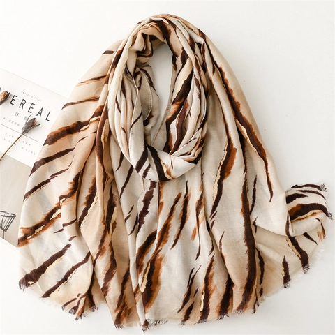 Women Long Scarf Shawl Tiger Animal Print Cotton Polyester Blend Soft Lightweight Gradient Gold Stamped Warm Wrap