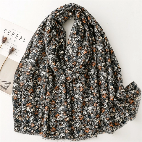 Écharpe Châle Fleuri Femme Marquage À Chaud Polyester Léger Chaud Enveloppement Avec Bords Effilochés Petit Imprimé