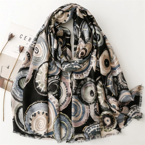 Women Large Scarf Shawl Abstract Geometric Pattern Gold Stamping Foil Lightweight Bohemian Style Fashion Wrap