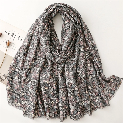 Écharpe Châle Fleuri Femme Marquage À Chaud Polyester Léger Chaud Enveloppement Avec Bords Effilochés Petit Imprimé