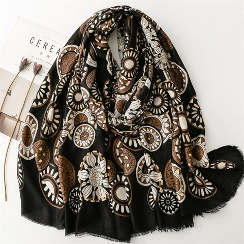 Dames Wintersjaal Mandala Geometrisch Patroon Goudfolie Stempelen Sjaal Met Kwastjes Boheemse Retro Stijl Polyester Katoen