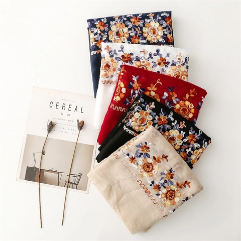 Women Embroidered Floral Scarf Ethnic Style Lightweight Shawl Wrap Sun Protection Cotton Linen Feel Breathable