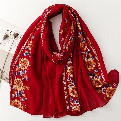 Women Embroidered Floral Scarf Ethnic Style Lightweight Shawl Wrap Sun Protection Cotton Linen Feel Breathable