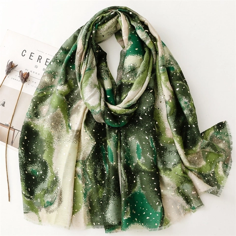 Women Artistic Print Scarf Gold Stamping Gradient Smudge Shawl Lightweight Polyester Elegant Accessory Wrap
