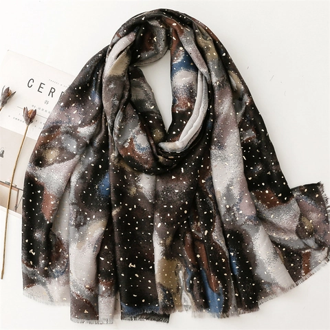 Women Artistic Print Scarf Gold Stamping Gradient Smudge Shawl Lightweight Polyester Elegant Accessory Wrap