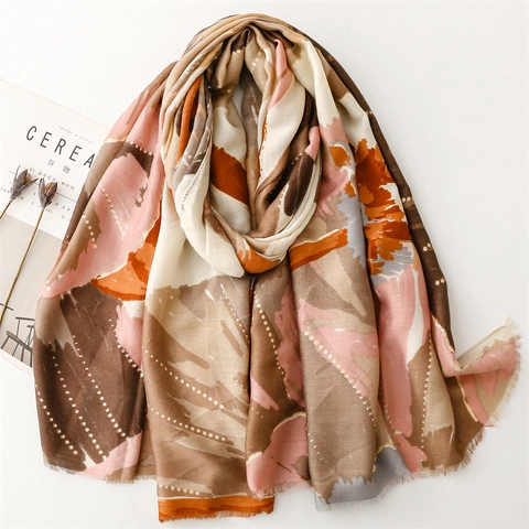 Écharpe Femme Imprimé Fleuri Abstrait Accents Feuilles Or Doux Léger Long Châle Enveloppement Toutes Saisons Élégant