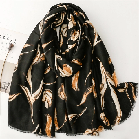 Floral Tulip Scarf Shawl Gold Foil Print Cotton Feel Frayed Edge Lightweight Wrap For Women