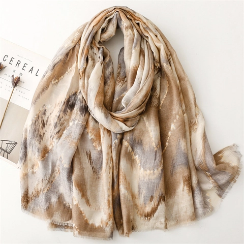 Damen Schal Stola Baumwolle Leinen Haptik Polyester Goldfolie Abstraktes Wellenmuster Fransen Ethnisch Künstlerisch