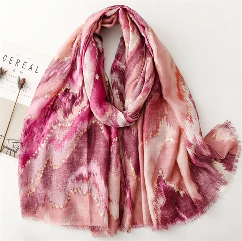 Damen Schal Stola Baumwolle Leinen Haptik Polyester Goldfolie Abstraktes Wellenmuster Fransen Ethnisch Künstlerisch