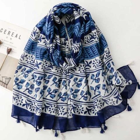 Sciarpa Scialle Voile Donna Stampa Porcellana Blu Bianco Stile Etnico Nappa Geometrico Leggero Solare Viaggio