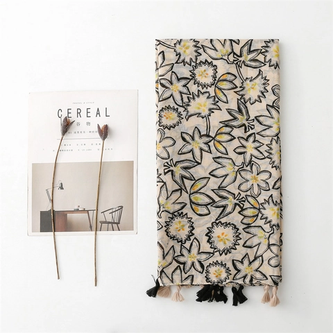 Bufanda Con Estampado Floral Chal De Voile Elegante Con Borlas Ligero Transpirable Protección Solar Para Mujeres