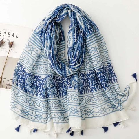 Écharpe Femme Imprimé Porcelaine Bleu Blanc Motif Géométrique Ethnique Châle Fin En Voile Avec Glands Style Bohème