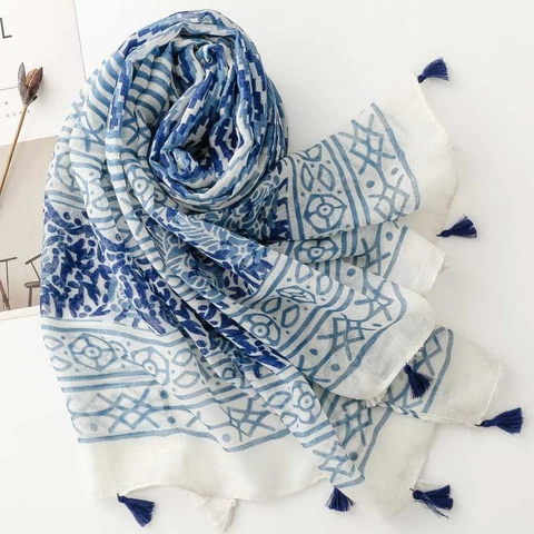Écharpe Femme Imprimé Porcelaine Bleu Blanc Motif Géométrique Ethnique Châle Fin En Voile Avec Glands Style Bohème