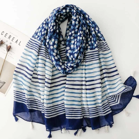 Women Long Scarf Shawl Polyester Bali Yarn Printed Polka Dot Stripe Ethnic Style Tassel Sun Protection Beach Wrap