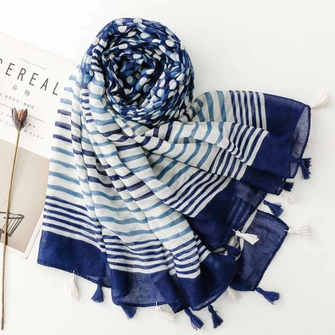 Women Long Scarf Shawl Polyester Bali Yarn Printed Polka Dot Stripe Ethnic Style Tassel Sun Protection Beach Wrap