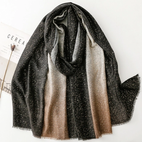 Women Ombre Gradient Scarf Shawl Polyester Cotton Linen Feel Gold Stamping Starry Sky Glitter Warm Elegant Fringed Wrap