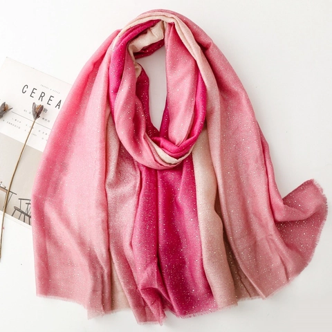 Women Ombre Gradient Scarf Shawl Polyester Cotton Linen Feel Gold Stamping Starry Sky Glitter Warm Elegant Fringed Wrap