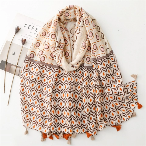 Sciarpa Con Stampa Boho Scialle Leggero In Poliestere Stile Etnico Geometrico Floreale Con Nappine Per Donna