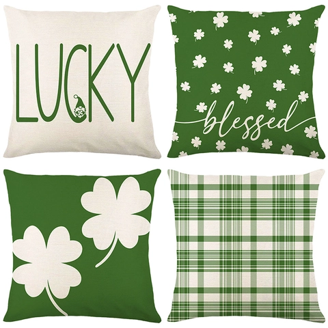 Federe Cuscino Giorno San Patrizio Gnomi Trifogli Verde Fortuna Copricuscino Per Divano Decorazione Casa Poliestere Misto Lino Federa Decorativa