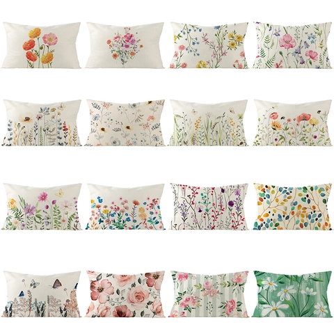 Watercolor Flower Plant Botanical Lumbar Pillowcase Polyester Rectangular Cushion Cover For Sofa Living Room Farmhouse Decor