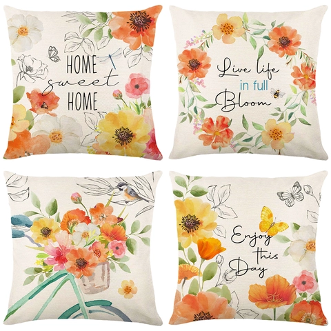 Housse De Coussin Fleurs Aquarelle Oiseaux Papillon Abeille Polyester Lin Ferme Décorative Taie D'oreiller Carrée