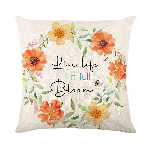 Housse De Coussin Fleurs Aquarelle Oiseaux Papillon Abeille Polyester Lin Ferme Décorative Taie D'oreiller Carrée